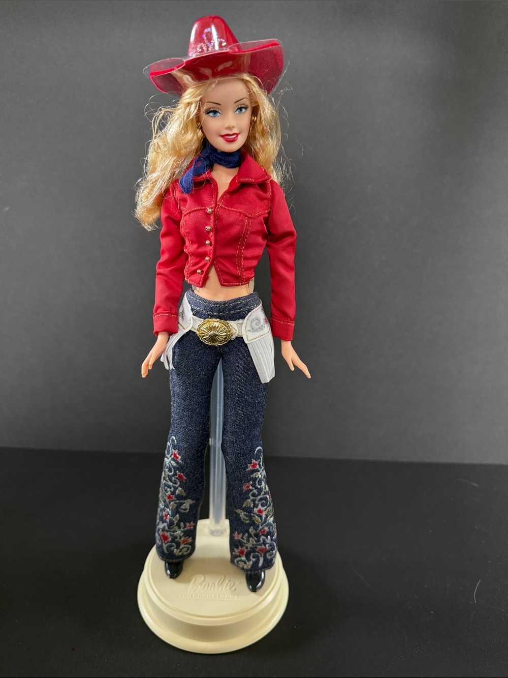 Western Chic Barbie Doll with Embroidered Dark Blue Flare Jeans